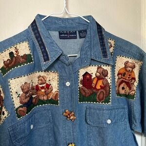 Vintage AMKAV Denim Shirt – Bear Appliqué & Novelty Buttons – Size S